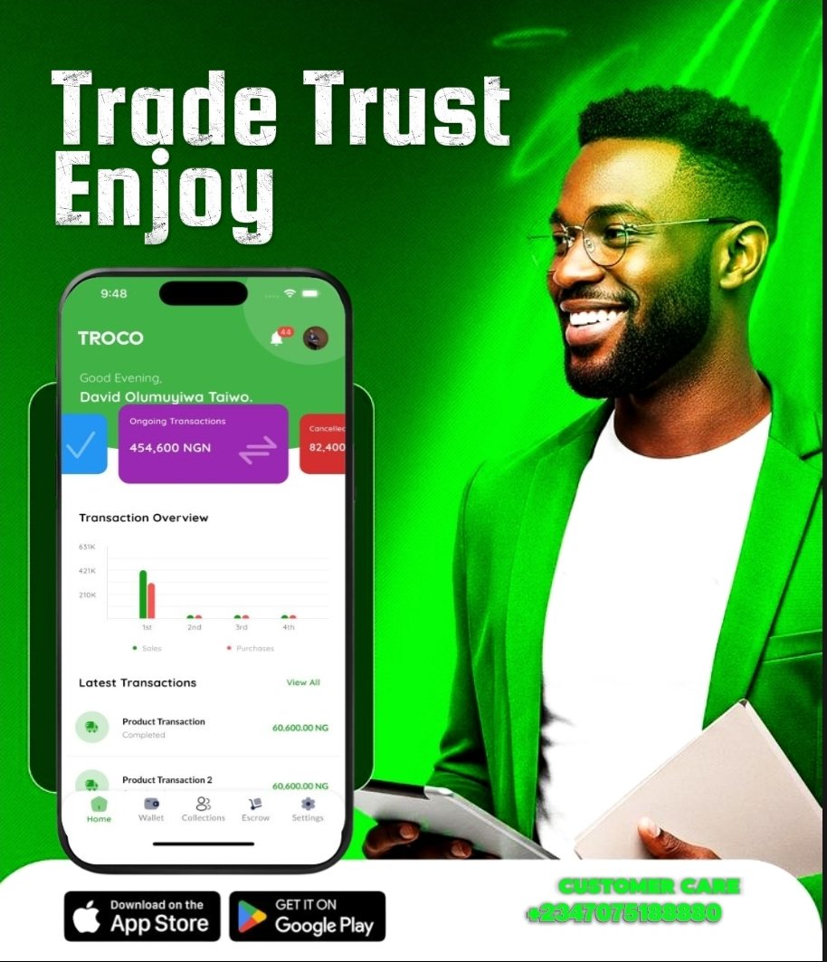 Trocoteam's tweet photo. Trade with Trust, Enjoy the Win! 
Troco’s vetted testers and escrow payments keep you safe. Dive in link https://t.co/2Z4sjiBOTe #trocoapp #tradesafe  #naijaecommerce  #BuySafe  #SellSmart  #EcommerceNigeria https://t.co/hMtEeWDNJO
