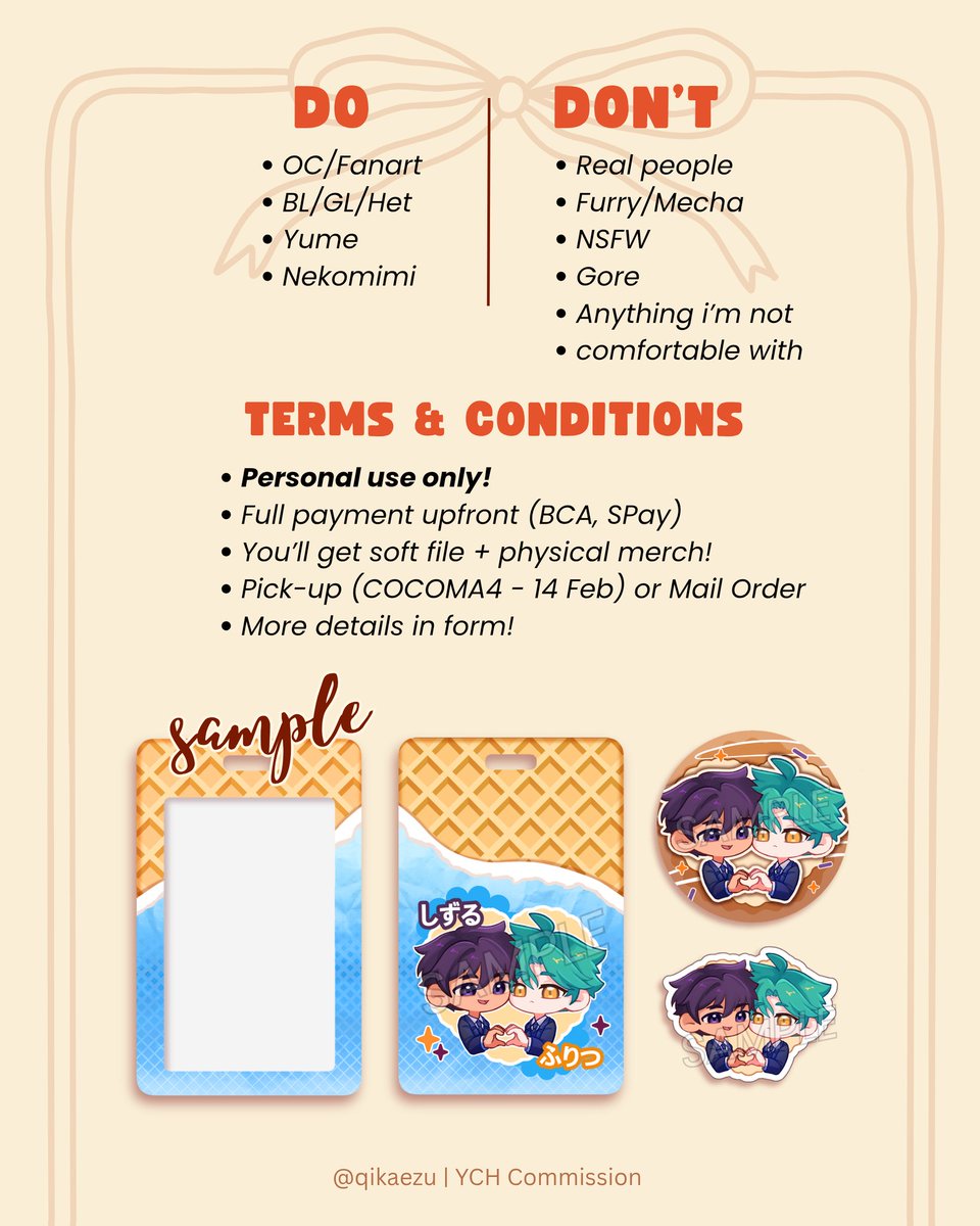 [RT/❤️ appreciated🌷]

Hello! I'm opening a couple merch YCH Commission 💝🍫 (ina only). You can read the details in the pictures 😆

📦 Pick-up COCOMA4 (D-11) / mail order 
🔗 forms.gle/BmJWxnU1dn9KE2…

Any questions feel free to DM me 
(⁠◍⁠•⁠ᴗ⁠•⁠◍⁠)⁠✧⁠*⁠。