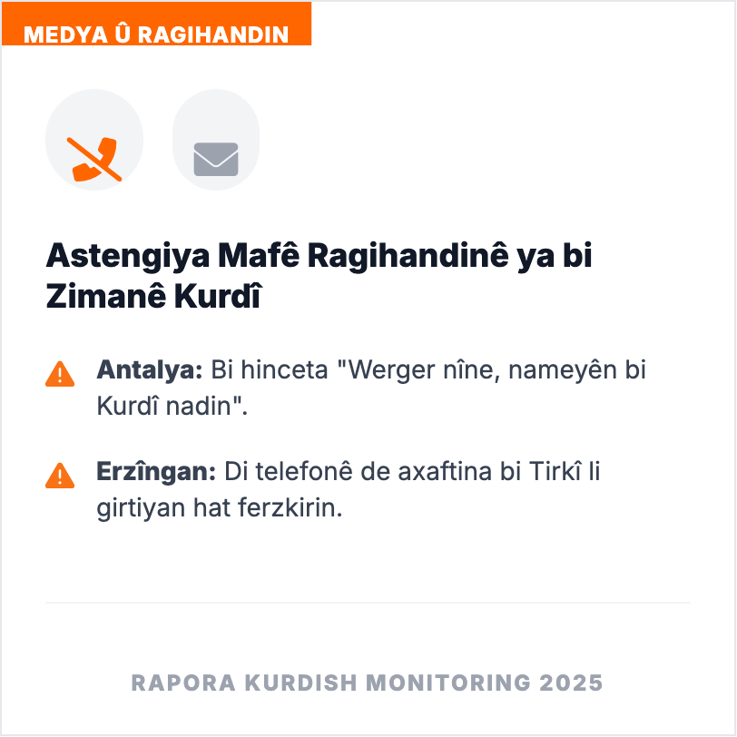 monitorkurdish's tweet photo. 📞 "Ya bi Tirkî biaxive ya jî telefonê bigire."

Li girtîgehên herêma Antalyayê bi hinceta "werger nîne" nameyên bi Kurdî nadin girtiyan. Li Erzînganê di hevdîtinên telefonê de axaftina bi Tirkî li girtiyan tê ferzkirin. https://t.co/FsjD1vUFR5