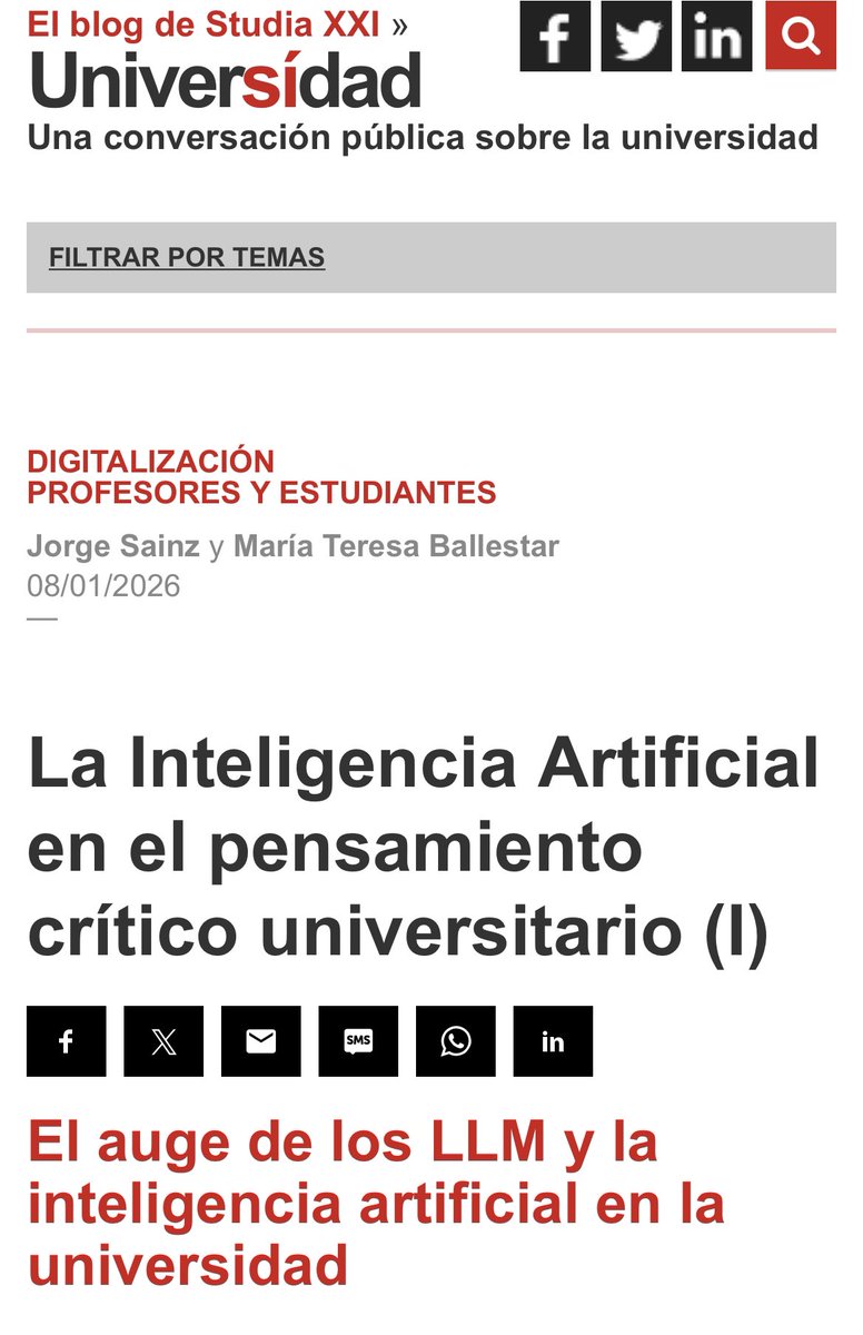 El 80% de los universitarios ya usa IA generativa para estudiar, pero el riesgo no es tecnológico, sino cognitivo: delegar en la IA puede debilitar el pensamiento crítico si no se integra con intención pedagógica <a href="/jsainzg/">Jorge Sainz</a> <a href="/MayteBallestar/">Mayte Ballestar</a> universidadsi.es/la-inteligenci…