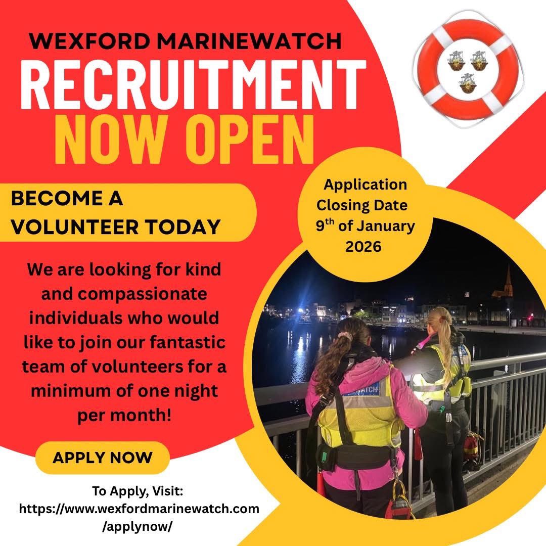 🚨 REMINDER: Recruitment Still Open 🚨
Wexford MarineWatch is seeking new volunteers 💛
✔️ As little as 1 night per month
📅 Deadline extended to 30 Jan

👉 Apply now: wexfordmarinewatch.com/applynow/