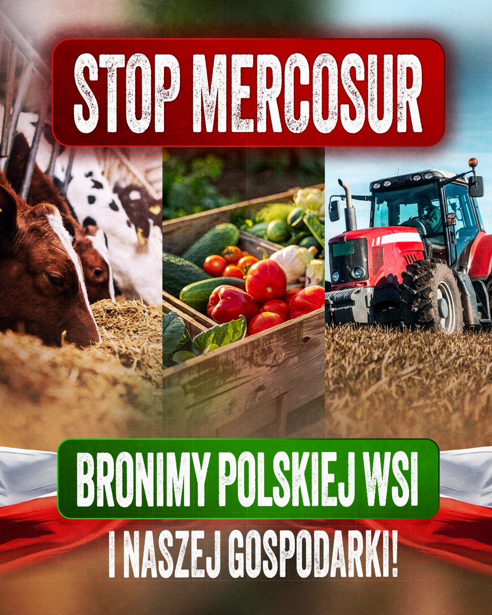 🚜 UE–Mercosur to nieuczciwa konkurencja dla polskich rolników.
⚖️ Handel musi opierać się na równych zasadach.
🌱 Umowa zagraża polskiemu bezpieczeństwu żywnościowemu.
❌ Nie dla podkopywania naszych własnych standardów produkcji rolnej.