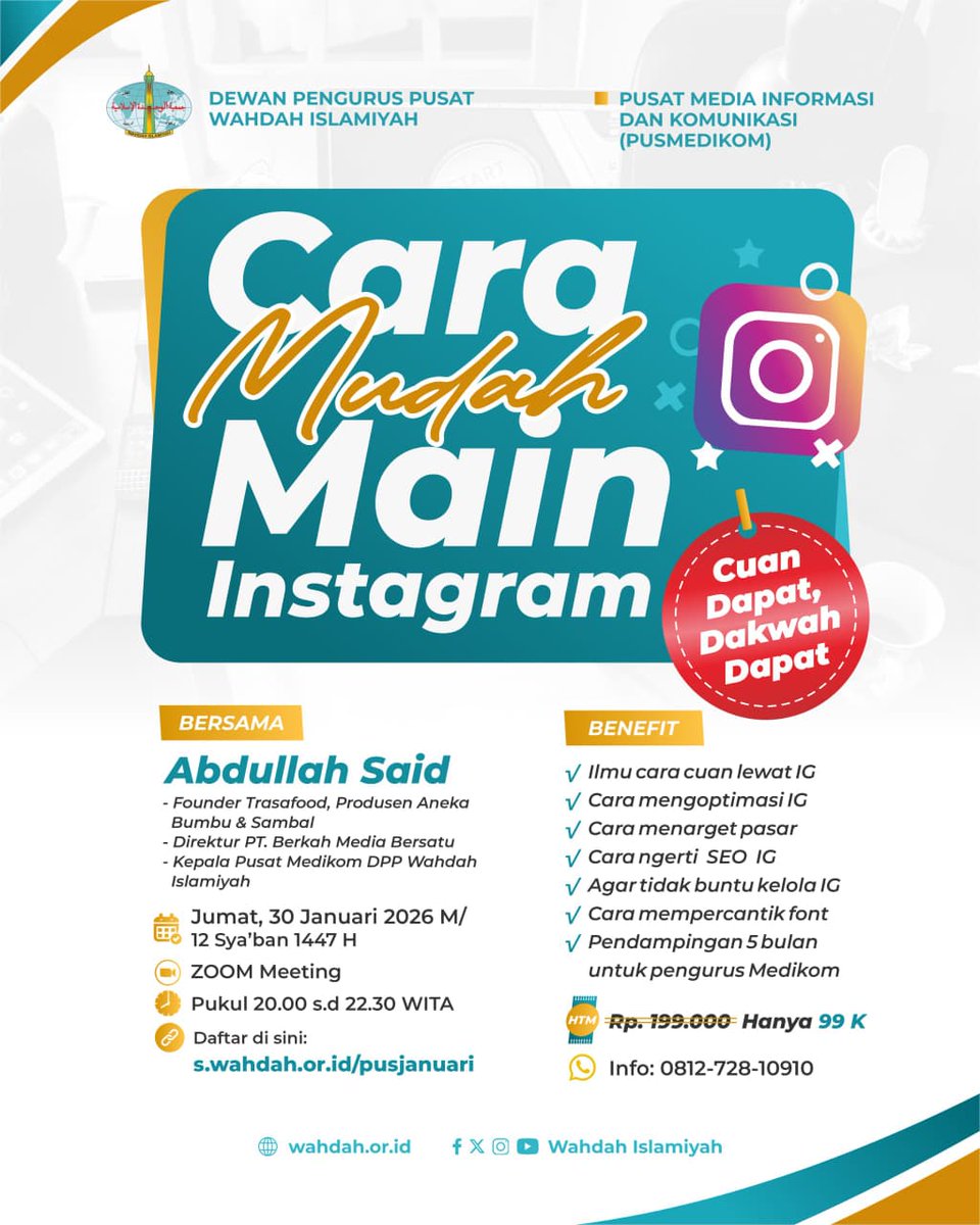 Belum terlambat kok untuk #belajar dan jadikan IG sbg ladang tuk dpt cuan dan tuk dpt pahala.

Gimana cara mudahnya main IG?
Kuy, daftar segera sebelum temanmu melambung jauh.

Daftar:
s.wahdah.or.id/pusjanuari

#pelatihan, #infokegiatan, #infomakassar, #kabarbaru, #januari2026