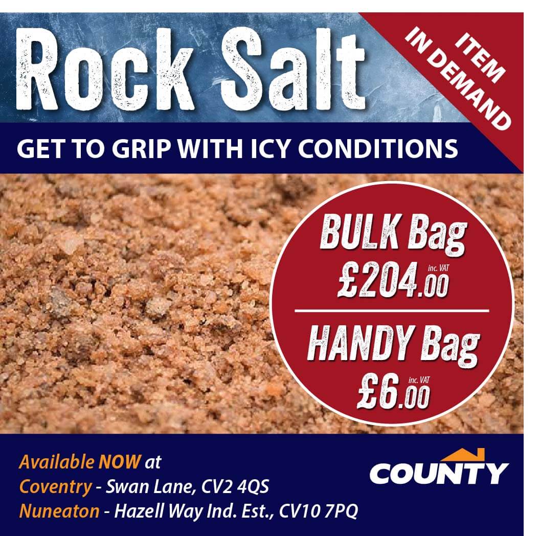 Are you based in Coventry or Nuneaton? Make sure you’re prepared for icy conditions with our brown rock salt, perfect for keeping paths, driveways and yards safe this winter. ❄️ 

Get in touch or pop into branch to secure yours - countyonline.co.uk/branches