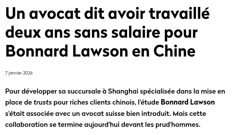 🇨🇳 En 2007, Bonnard-Lawson sabrait le champagne: elle était le premier cabinet d'avocats suisse à obtenir sa licence pour pratiquer à Shanghai. Seulement voilà: un récent litige prud'homal vient donner une autre image à l'implantation de l'étude en Chine.
gothamcity.ch/2026/01/07/un-…