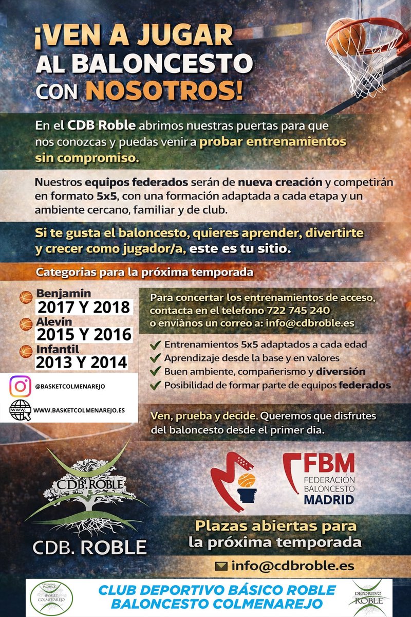 ¿Quieres que tu hijo juegue baloncesto federado? | CDB ROBLE 26/27
La próxima temporada queremos crear hasta 3 equipos federados en categorías benjamín, alevín e infantil .

📌 Benjamín (17–18)
📌 Alevín (15–16)
📌 Infantil (13–14)

📲 722 74 52 40 | 📧 info@cdbroble.es
#CDBRoble