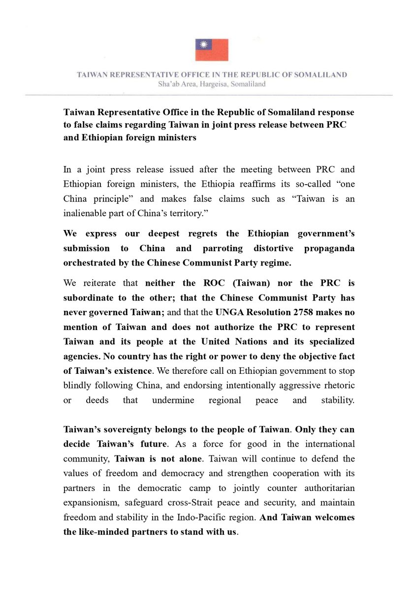 Taiwan Representative Office in the Republic of Somaliland response to false claims regarding Taiwan in joint press release between PRC and Ethiopian foreign ministers