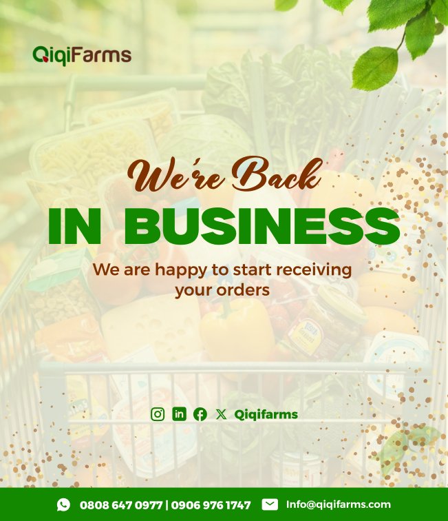 ✨ Qiqi Farms is back! 🎉
Fresh, premium farm produce delivered in 24 hours 💯🚚
What’s on your menu this week; chicken, fish, meat, vegetables, or a mix? 🍗🐟🫑🍅🥩🍖
🧺 Hampers available 🧺

📱 Order: wa.me/2348086470977
📞 Call:  08086470977, 09069781747 

#AgroBusiness