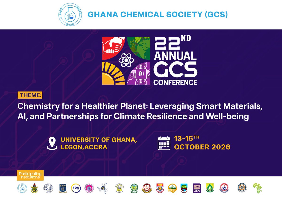 membership_GCS's tweet photo. The Ghana Chemical Society (GCS) proudly announces the 22nd Annual GCS Conference, scheduled to take place from 13-15 October 2026 at the University of Ghana, Legon, Accra. https://t.co/HWUMyLcOpt