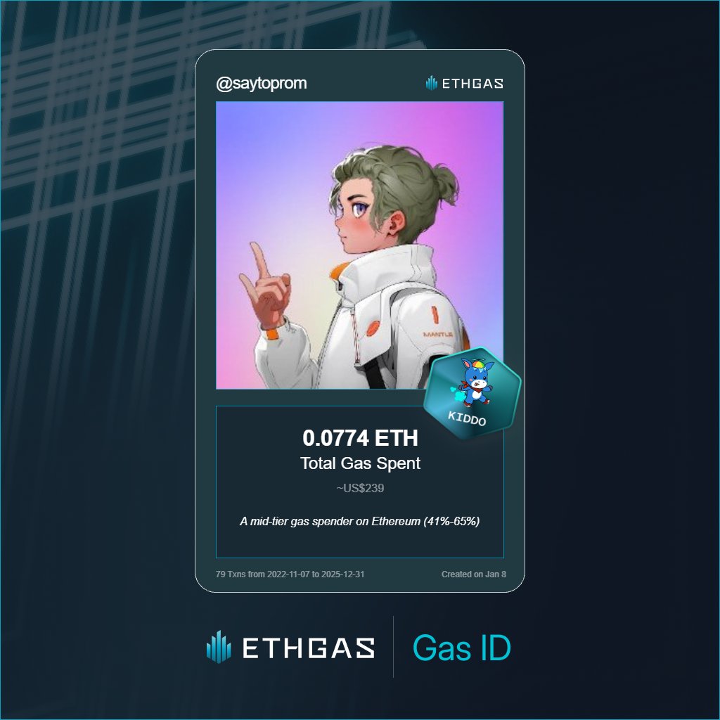 Just unlocked my Gas ID via ETHGas 🪪

I'm a Kiddo Jack with 0.0774 ETH spent on gas since Beacon Chain - now fueling my climb to the Gasless Future and earned 25 Beans already. 

Reveal yours at ethgas.com/community/gas-…