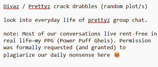 _itskeimaveryk's tweet photo. #Prettyz | #Divaz crack drabbles (random plot/s)
Look into everyday life of Prettyz group chat.
Note: Most of our conversations live rent-free in real life - My PPG (Power Puff Gheis). Permission was formally requested (and granted) to use our daily nonsense banters here 🥹🫶🏻✨ https://t.co/4aEwVTWgYD