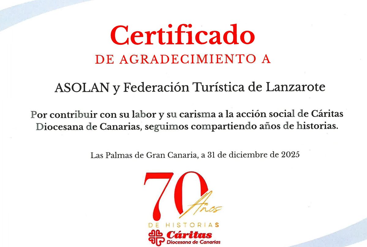 Asolan's tweet image. Hoy @CaritasCanarias nos regala este certificado de agradecimiento por contribuir con acciones sociales y nosotros @Asolan  y @federacion8lnzt  le devolvemos el nuestro por sus 70 años llevando la esperanza, haciendo el bien, creando ilusión y dando respuesta a tantos problemas.