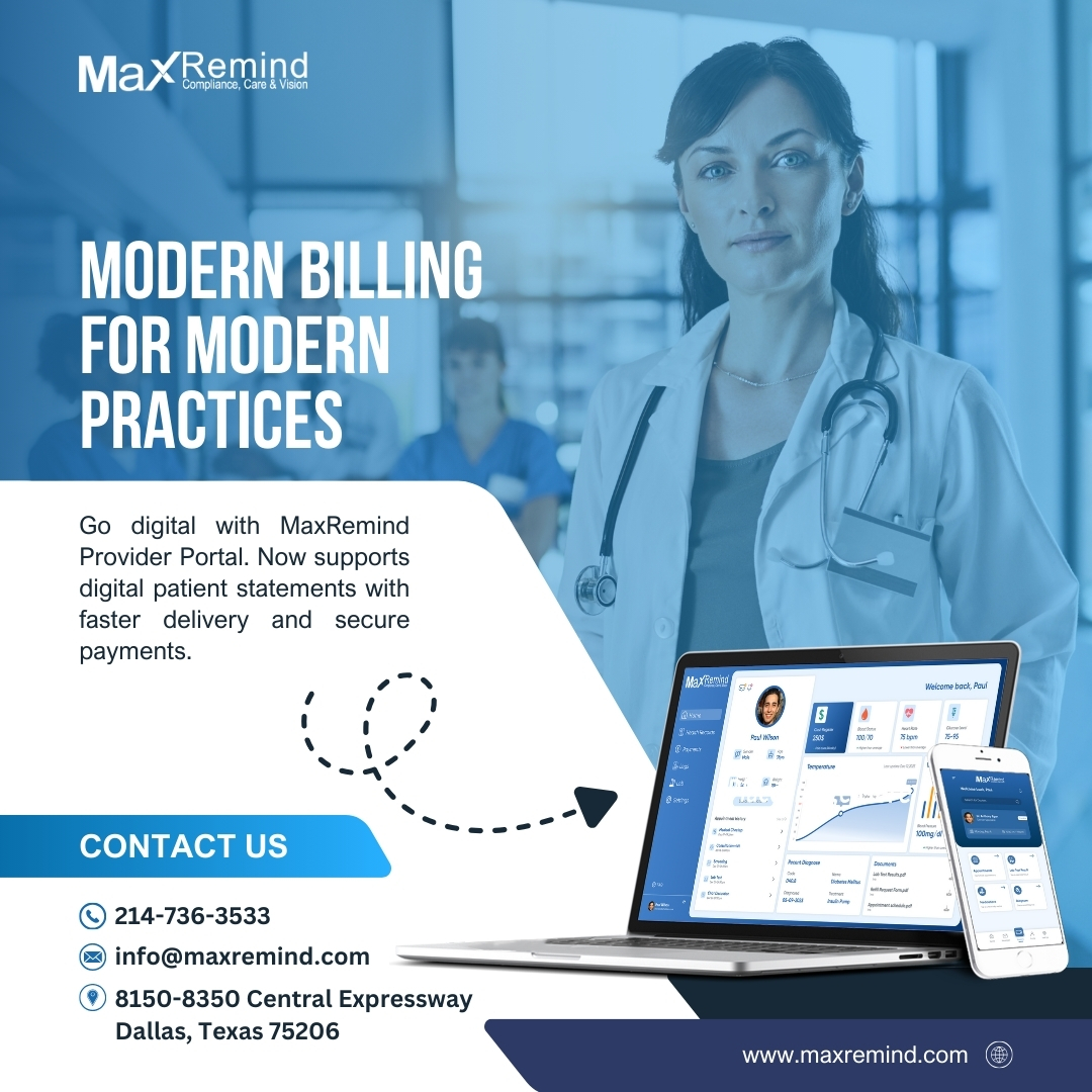 MaxRemind's tweet image. Patient billing does not have to be complicated.
MaxRemind’s Provider Portal now supports digital patient statements with faster delivery and secure payments.
Upgrade your billing experience with MaxRemind.
maxremind.com/start-free-tri…

#HealthcareSolutions #medicalbillingandcoding