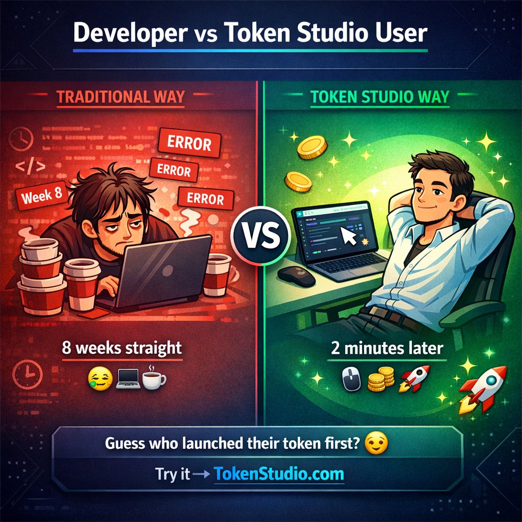 token_studi0's tweet photo. Developer: codes for 8 weeks straight 😫💻 
Token Studio user: clicks button 🖱️ 2 minutes later 💰🚀 
Guess who launched their token first? 
😏 Try it → https://t.co/whTGCcbfQU 

#Solana #CryptoMemes #Web3 #TokenCreation #SOL #Blockchain #CryptoTwitter #BuildOnSolana #Memecoins https://t.co/RYZGCdXtrR