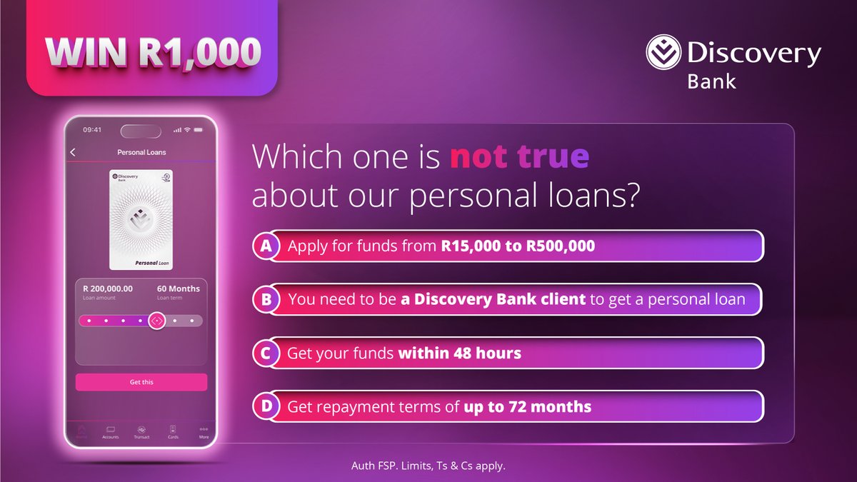Answer correctly and stand to WIN a R1,000 voucher! Apply for a personal  loan to cover your expenses with monthly repayment terms that work for you.  To enter, reply with your answer