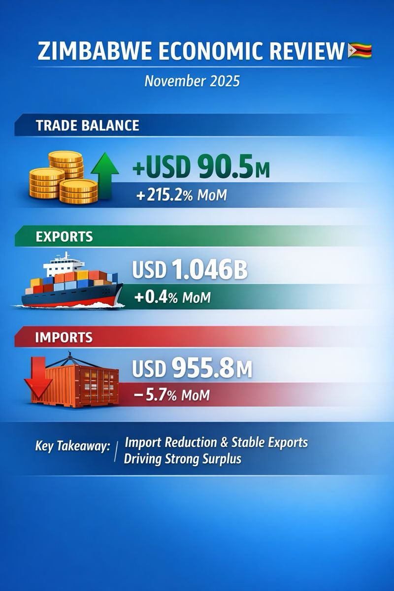 ZimbabweReview's tweet image. Zimbabwe Records Strong Trade Surplus as Imports Fall in November 2025.

Zimbabwe’s external trade position strengthened significantly in November 2025, with the country recording a trade surplus of USD90.5 million, more than triple the USD28.7 million surplus recorded in October…