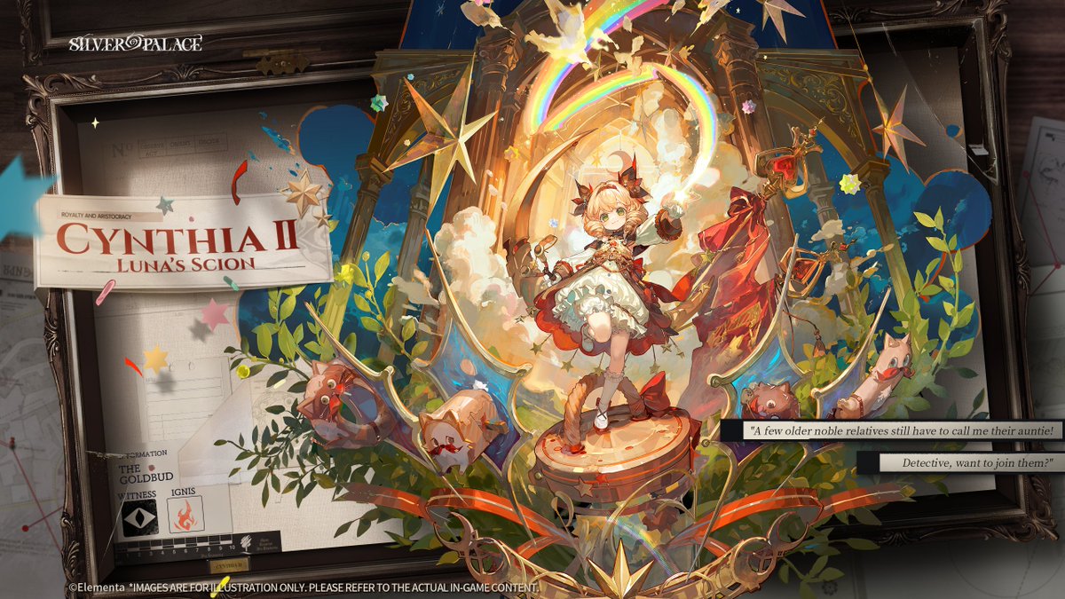 SilverPalace_EN's tweet image. Character Title Page
Cynthia II (Luna's Scion)

—— The Goldbud ——

--
"A few older noble relatives still have to call me their auntie! Detective, want to join them?"
--

The rising crescent symbolizes the future of The Royal Families and the City.

The much-loved scion of House…