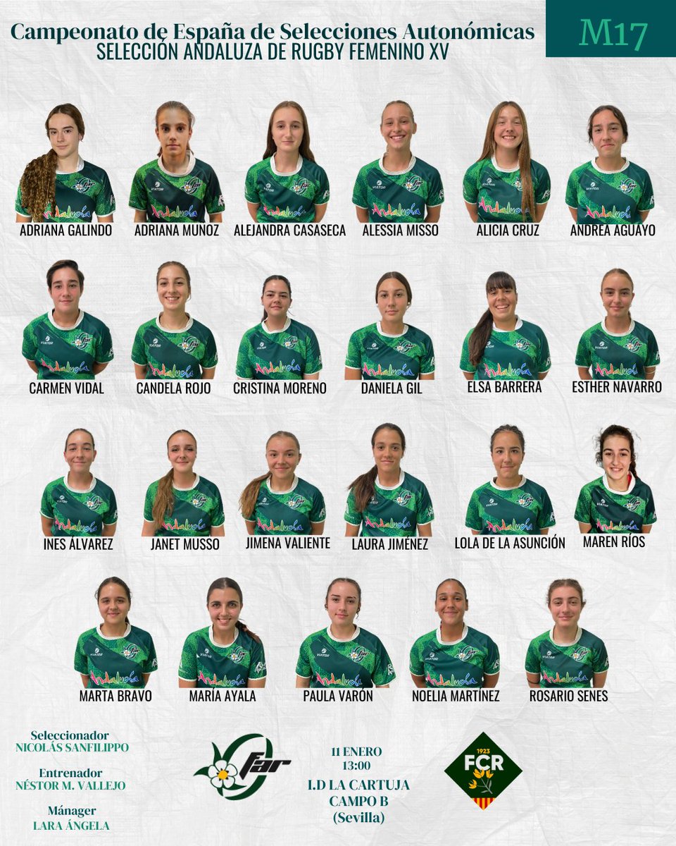 𝐂𝐨𝐧𝐯𝐨𝐜𝐚𝐭𝐨𝐫𝐢𝐚 𝐂𝐚𝐦𝐩𝐞𝐨𝐧𝐚𝐭𝐨 𝐝𝐞 𝐄𝐬𝐩𝐚ñ𝐚 𝐝𝐞 𝐒𝐞𝐥𝐞𝐜𝐜𝐢𝐨𝐧𝐞𝐬 𝐀𝐮𝐭𝐨𝐧ó𝐦𝐢𝐜𝐚𝐬

-M17 Fem
vs <a href="/rugby_cat/">Federació Catalana de Rugby</a> 13:00
🏟️I.D. La Cartuja, Campo B (Sevilla)

-M16 masc
vs <a href="/rugby_cat/">Federació Catalana de Rugby</a> 11:00
-M18 masc
vs <a href="/rugby_cat/">Federació Catalana de Rugby</a> 12:30
🏟️ Campo Municipal de Rugby La Foixarda