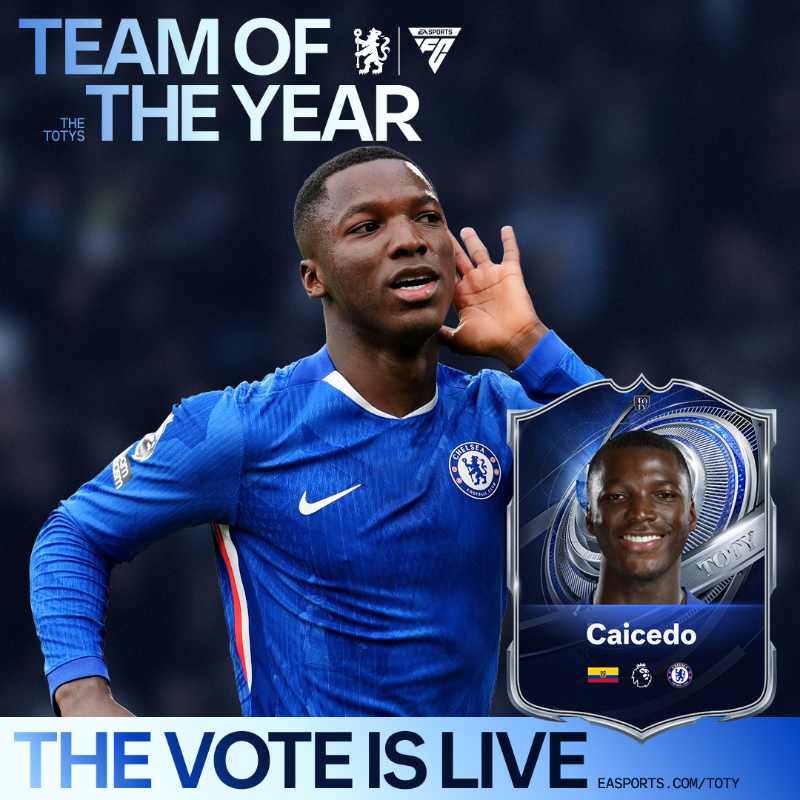 ChelseaFC's tweet photo. Three nominees. One badge. 💙

Palmer, Cucu, and Caicedo have been nominated for @EASportsFC Team of the Year. 🤩

#EASportsFC #FC26 #TOTY