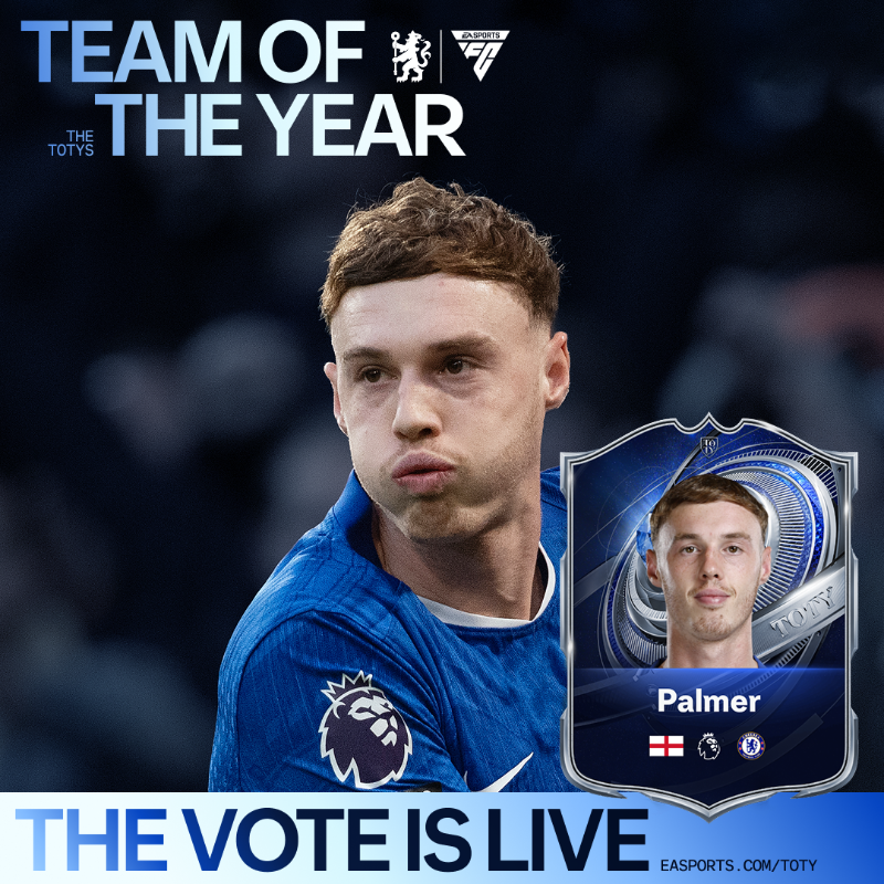 ChelseaFC's tweet photo. Three nominees. One badge. 💙

Palmer, Cucu, and Caicedo have been nominated for @EASportsFC Team of the Year. 🤩

#EASportsFC #FC26 #TOTY