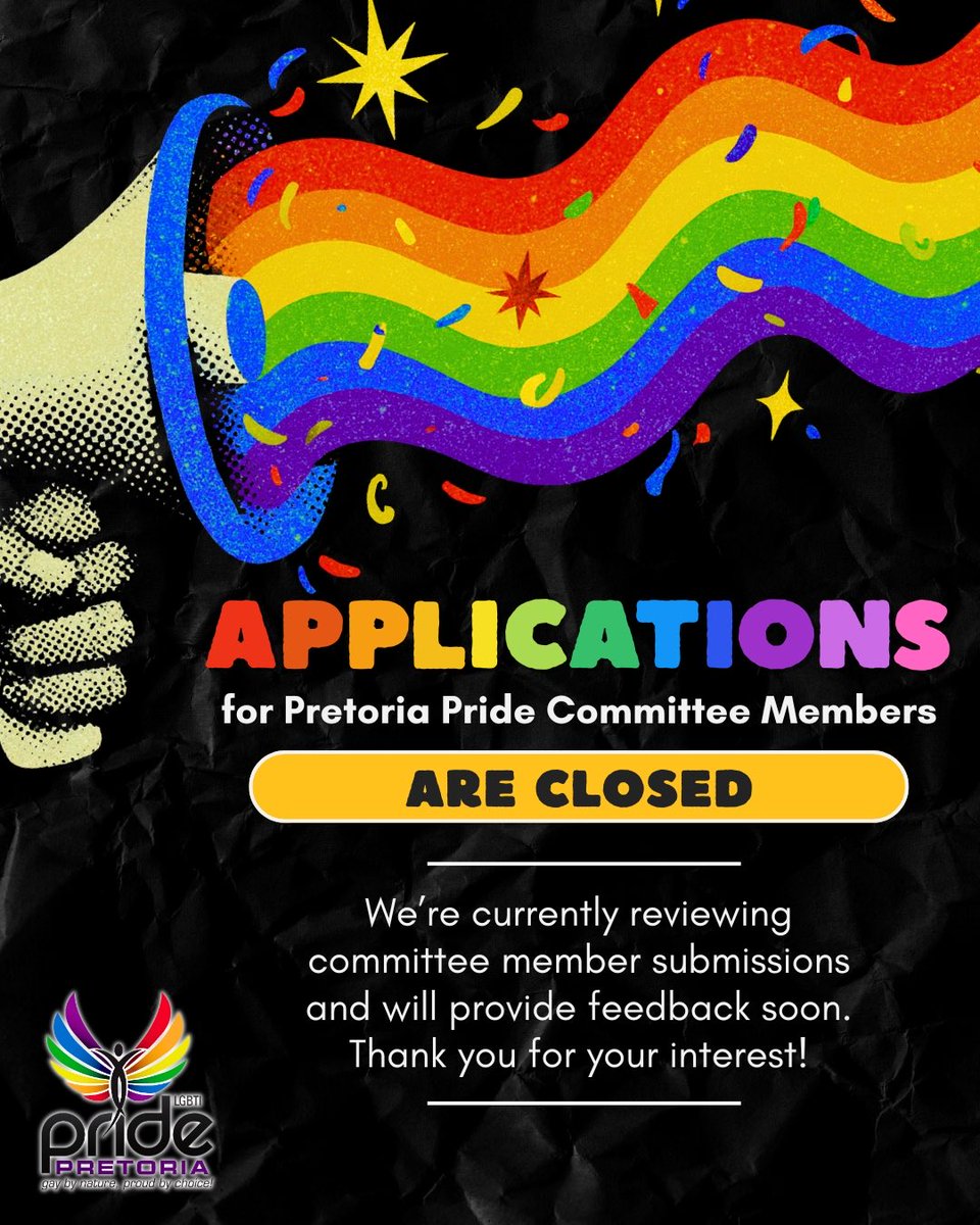 Applications are officially closed ✨
A big thank you to everyone who applied to be part of the committee. We’re reviewing all applications and will get back to you shortly.

#PretoriaPride #committeeMembers