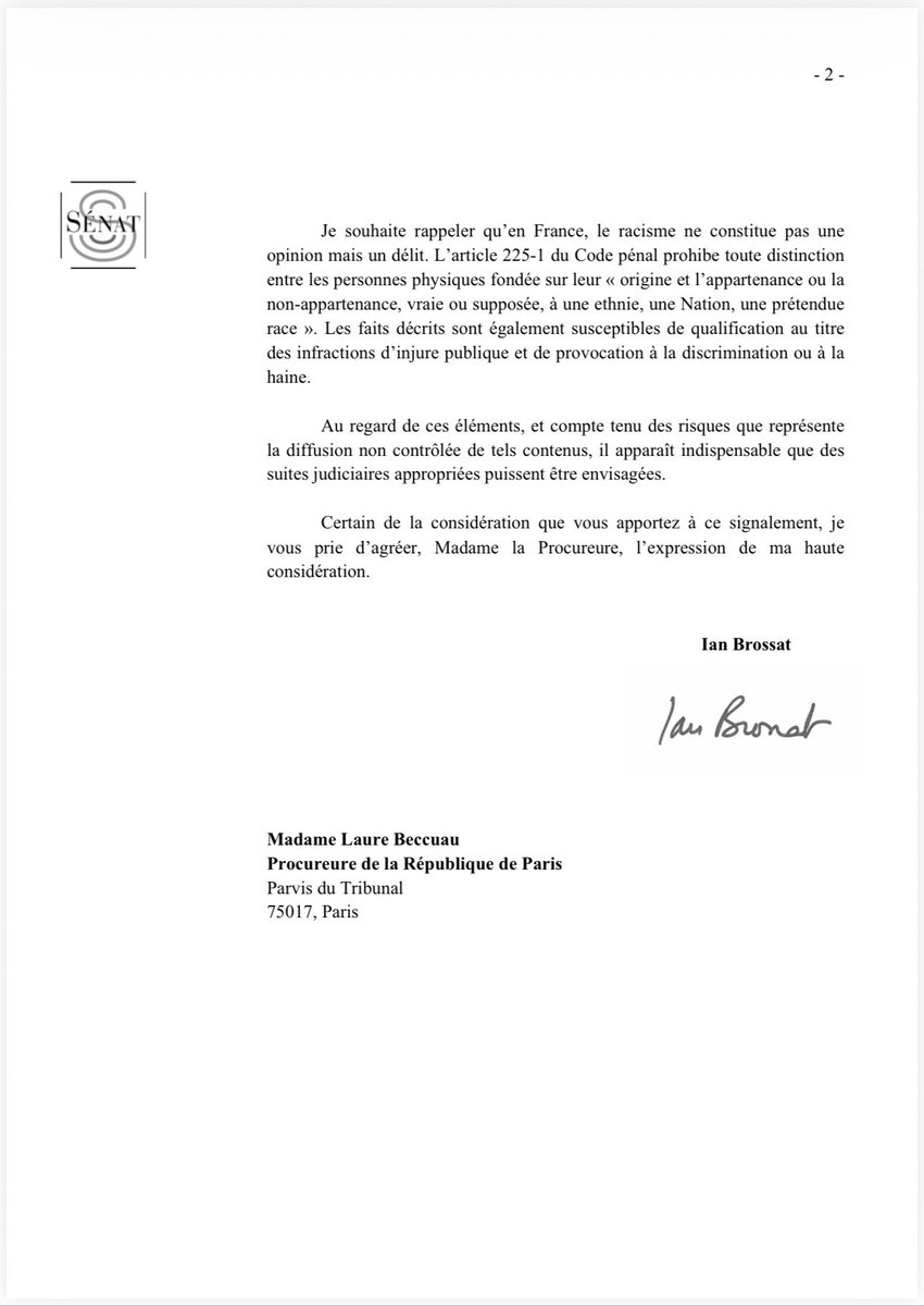 IanBrossat's tweet image. À peine en ligne, le site participatif de Mme Knafo est déjà un déferlement de propos racistes, y compris d’appels au meurtre. 

Le racisme n’est pas une opinion. C’est un délit. 

J’écris aujourd’hui à la Procureure de la République pour signaler ces faits d’une extrême gravité.