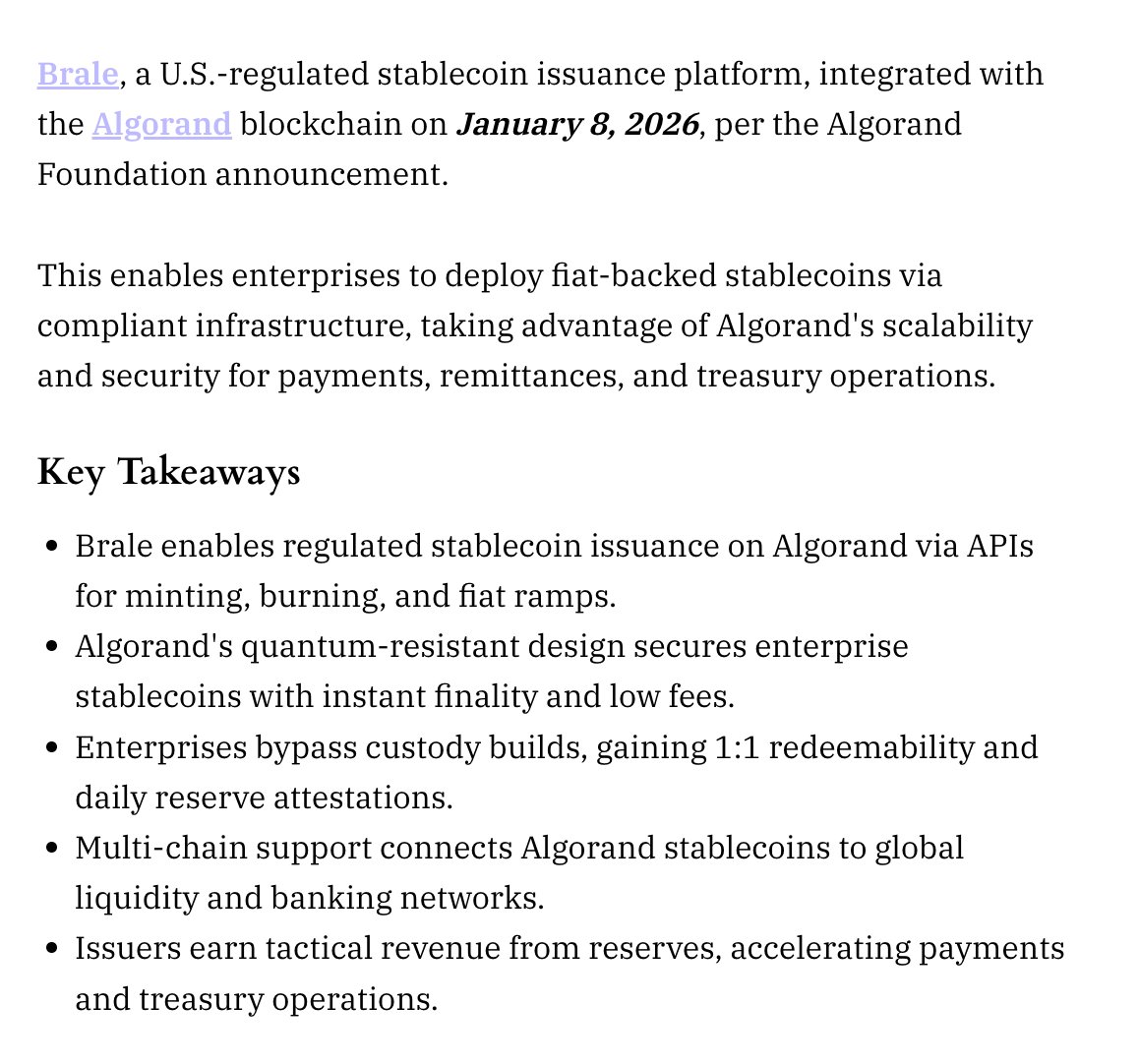 Brale integrates regulated stablecoin issuance with quantum-resistant  Algorand, enabling enterprise-compliant minting and management. Enterprises  can launch branded tokens natively on Algorand, with seamless movement  across 20+ networks. Read the full ...