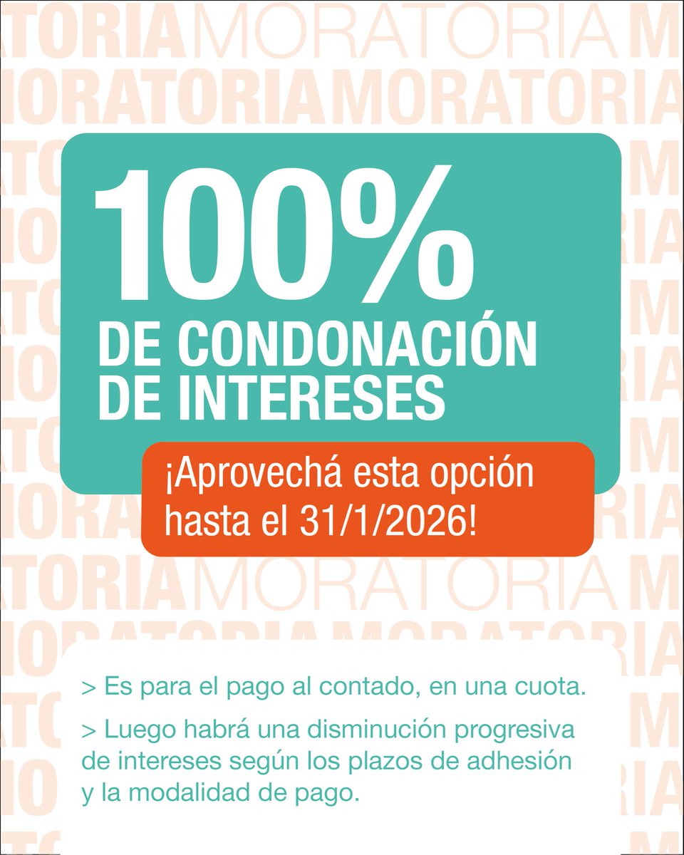 Se extiende también el plazo para acceder a la condonación del 100% de intereses por pago al contado, en una cuota: estará disponible hasta el 31 de enero. Como alternativa, hay opciones de pago de hasta 48 cuotas, con una reducción progresiva de los intereses.