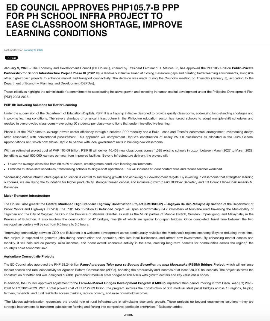 Kudos to PBBM. While people are busy fighting over surveys and online noise, something much bigger just happened.
The Economic and Development Council, chaired by PBBM, approved P105.7 billion for new school buildings across the country. That means 16,459 new classrooms for over