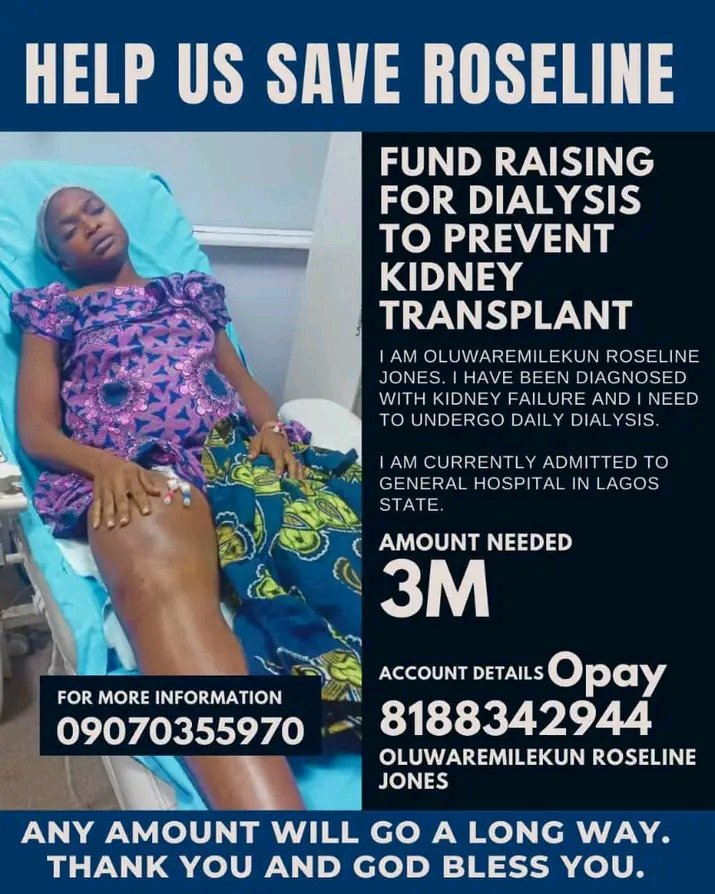 Alopia5's tweet photo. Good morning my beautiful people,  this is her  current situation, really need help to go for dialysis pls my wonderful people,help a sister stay alive pls no amount is too small.Please Help is urgently needed for re dialysis
Acc details 
8188342944
Opay 
Jones remilekun roseline https://t.co/EkvtZ4zaBo