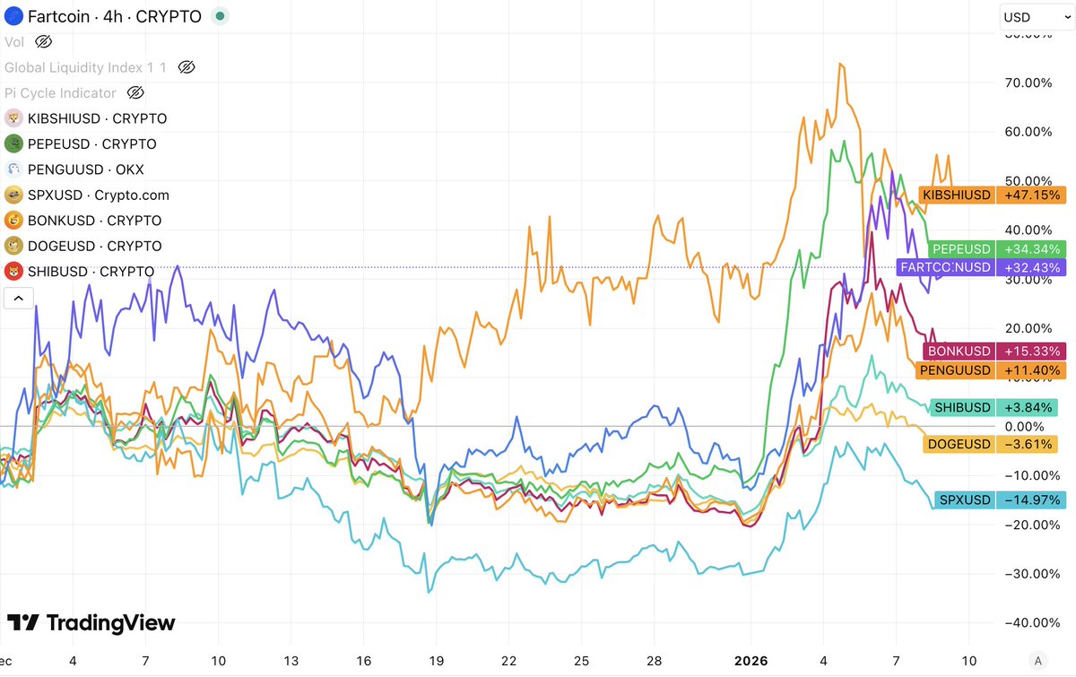 memecoin performance since december 2025 till now. do you see what I see?  people have woken up to memes pumping with $pepe but the real frontrunner  bounced off the bottom one month