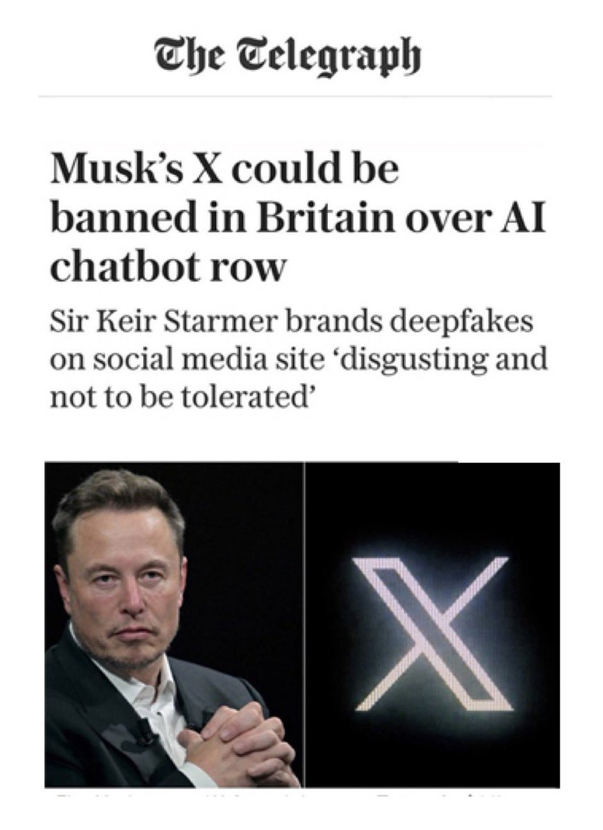 If Starmer bans X in Britain because of dodgy content, then why isn’t he clamping down on every digital platform that has dodgy content? This has got nothing to do with ‘disgusting’ content and everything to do with a clampdown on criticism of him in X - of which there is a lot.