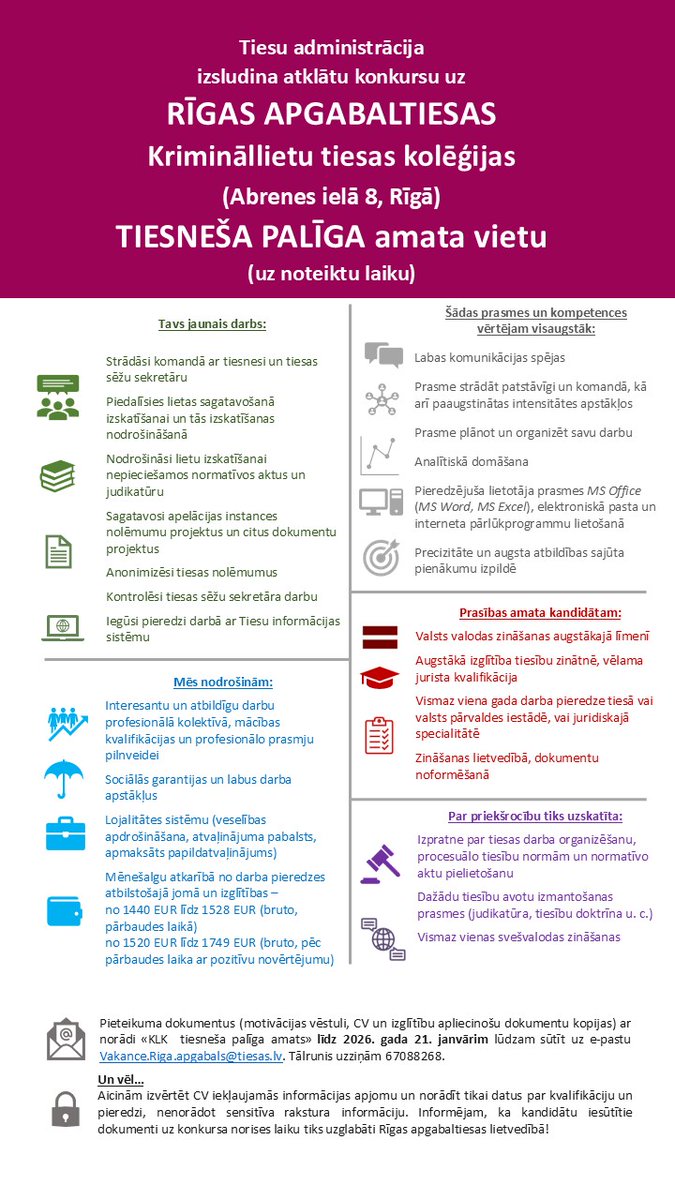 Tiesu administrācija ir izsludinājusi atklātu konkursu uz Rīgas apgabaltiesas tiesneša palīga (-dzes) amatu Krimināllietu tiesas kolēģijā. #teirdarbs Abrenes ielā 8. Mēnešalga: 1440-1528💶 (pārbaudes laikā), 1520-1749💶 (pēc pārbaudes laika). Pieteikšanās līdz 21.01.2026.