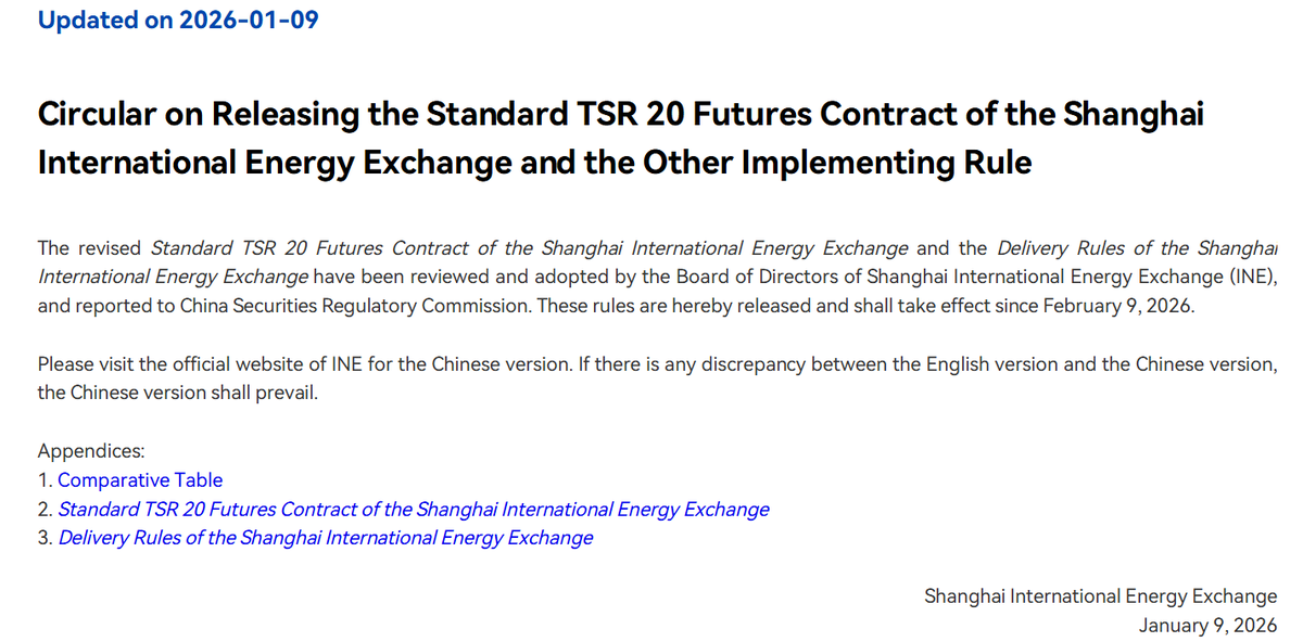 SYWGOfficial's tweet photo. Circular on Releasing the Standard TSR 20 Futures Contract of the Shanghai International Energy Exchange and the Other Implementing Rule  https://t.co/odYGGrAlUS https://t.co/CZy0SEzMmi