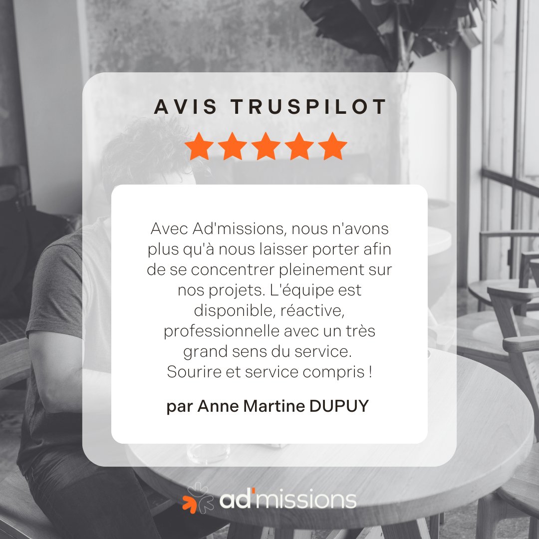 Avis client ⭐⭐⭐⭐⭐

C’est vous qui le dites le mieux !

Chez <a href="/admportage/">AD'Missions</a> la satisfaction de nos consultants est le moteur de notre engagement depuis plus de 28 ans.

Le portage salarial avec <a href="/admportage/">AD'Missions</a> plus qu'un statut, une relation.