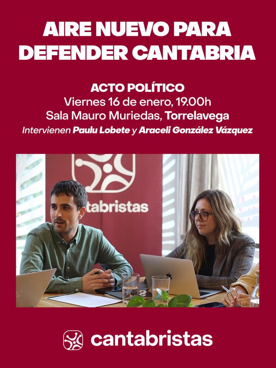 💢 El próximo viernes 16 realizaremos un encuentro en Torrelavega para seguir explicando nuestro proyecto político y dando a conocer la Cantabria que queremos contribuir a construir.

🔄 ¡Acércate al evento y apóyanos ayudando a difundir la convocatoria en las redes sociales!