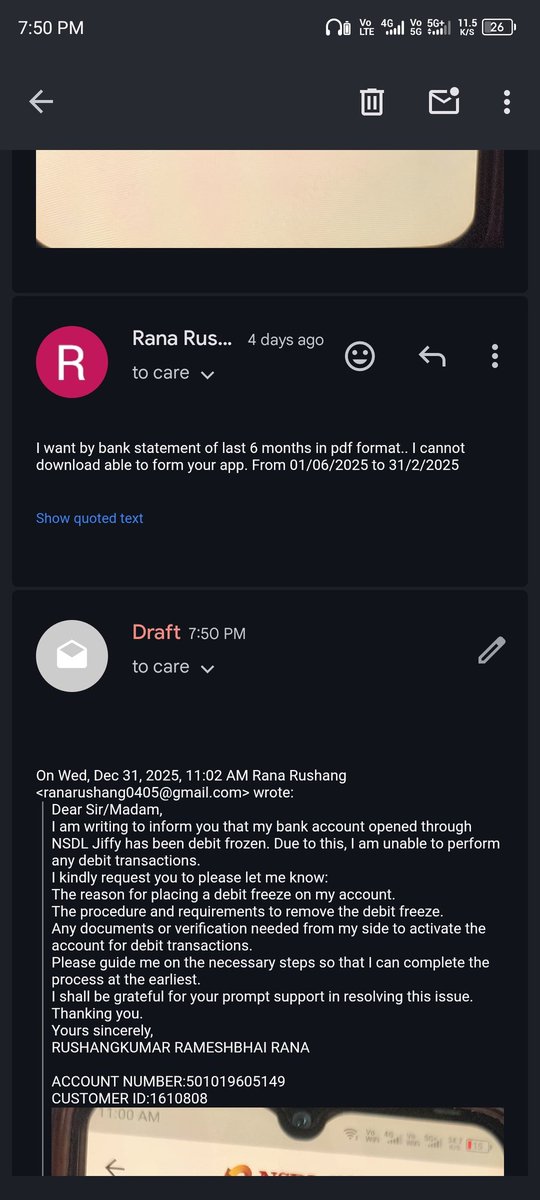 rushkichahatein's tweet photo. @nsdlpb This is my final public notice. Account debit frozen for 7 days despite complaint registration. Zero response from bank, calls ignored. This is a serious violation of banking norms. I will escalate to @RBI @CMS_RBI and Banking Ombudsman if not resolved immediately https://t.co/Uqc1pOx8pe