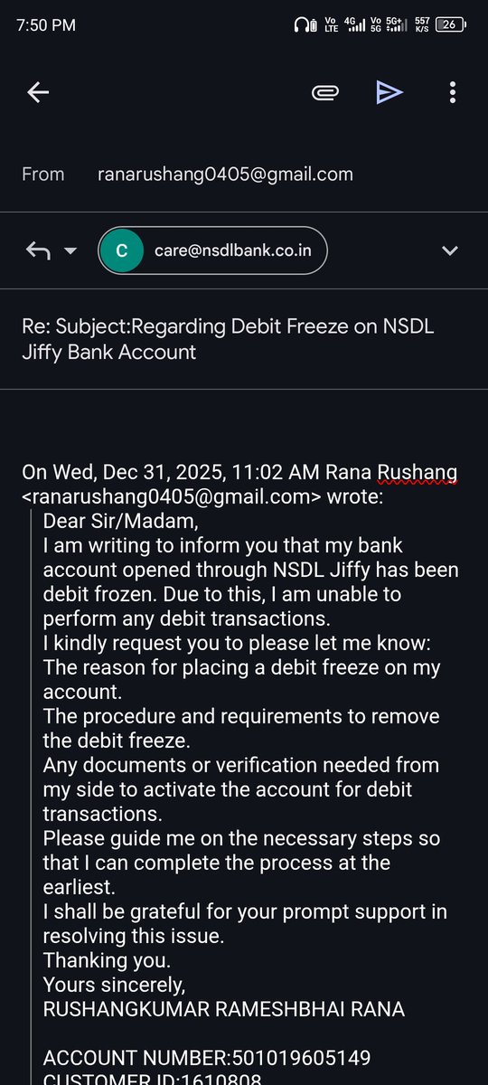 rushkichahatein's tweet photo. @nsdlpb This is my final public notice. Account debit frozen for 7 days despite complaint registration. Zero response from bank, calls ignored. This is a serious violation of banking norms. I will escalate to @RBI @CMS_RBI and Banking Ombudsman if not resolved immediately https://t.co/MgHpydSWm5