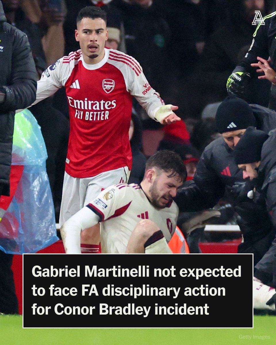 TheAthleticFC's tweet image. Gabriel Martinelli is not expected to face further action from the FA after the Arsenal forward attempted to push injured Liverpool full-back Conor Bradley off the pitch during Thursday’s Premier League fixture.

Martinelli was shown a yellow card by referee Anthony Taylor. Given…