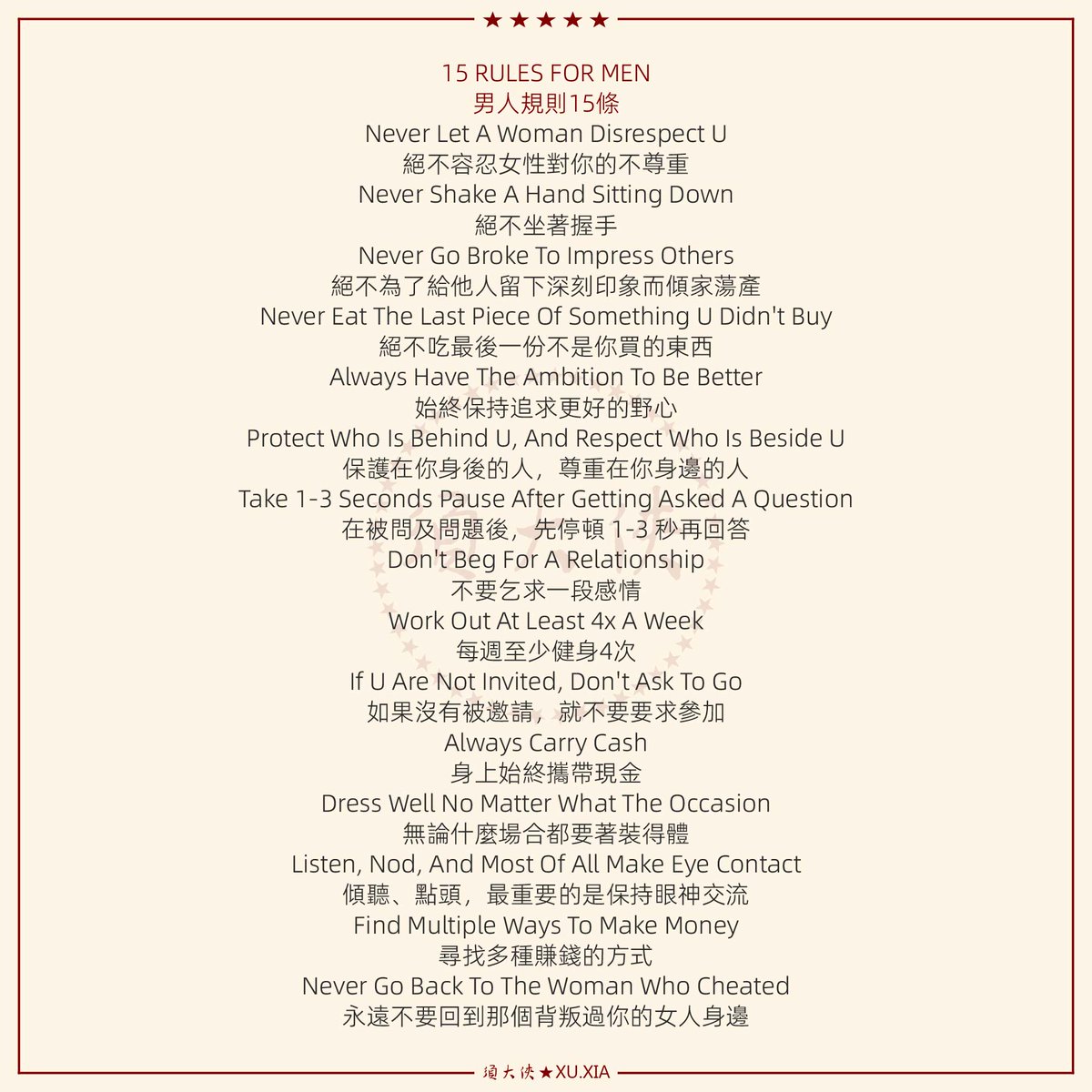 15 RULES FOR MEN 男人規則15條Never Let A Woman Disrespect U 絕不容忍女性對你的不尊重Never  Shake A Hand Sitting Down 絕不坐著握手