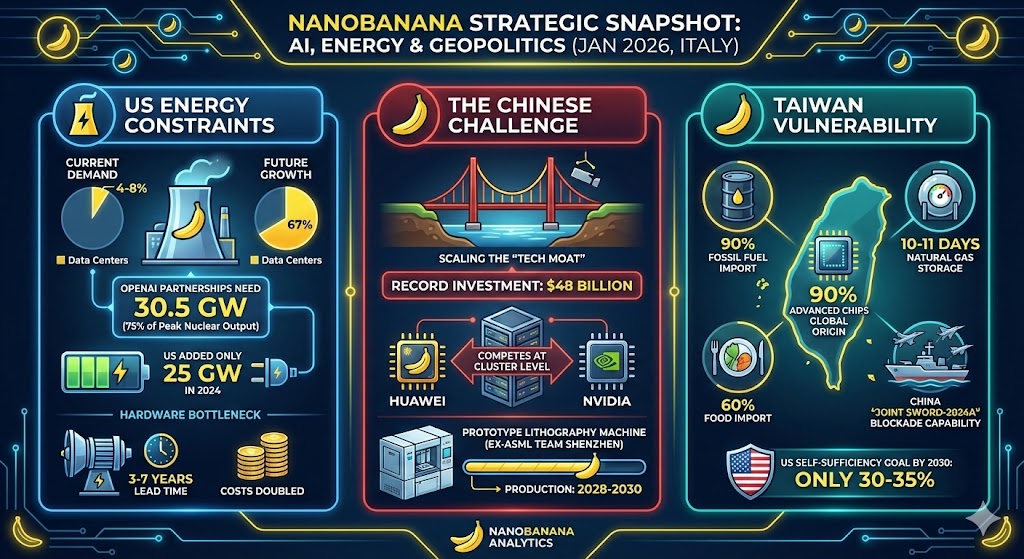 Very interesting data about US / China &amp; Taiwan:

- Energy Constraints: Data centers represent only 4–8% of US energy demand but account for 67% of future growth. OpenAI's partnerships require 30.5 GW of new capacity, equivalent to 75% of US nuclear peak output, yet the US added