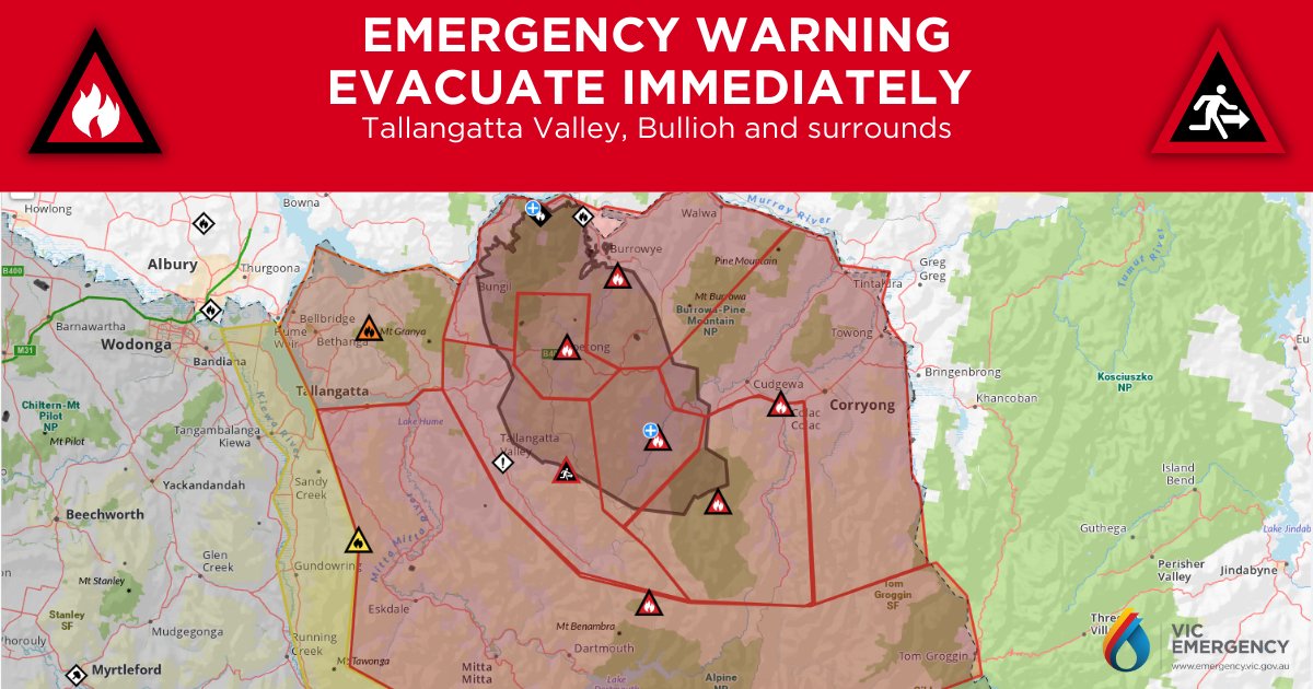 EMERGENCY WARNING - BUSHFIRE - Evacuate Immediately

This Emergency Warning to Evacuate Immediately is being issued for Tallangatta Valley, Bullioh and surrounds.

More details at emergency.vic.gov.au/respond/#!/war…