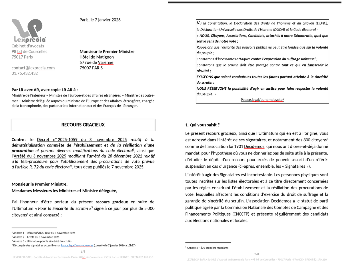 ArnaudAvocat's tweet photo. 📢❗🚨 #Élections. Je viens de saisir le Gouvernement #Lecornu contre le décret instaurant la “télé-procuration” de vote, au nom de 801 premiers citoyens et une association.

Les administrations et services publics français, dont le Ministère de l’intérieur (qui gère les élections), n’ont jamais été autant piratés qu’actuellement. Et l’on nous explique à longueur de temps que le risque d’ingérence en matière électorale, par la voie numérique, est au plus haut.

Permettre la génération de millions de procurations via un petit code PIN à 6 chiffres tapé dans une appli mobile,  sur un smartphone contrôlé par des sociétés américaines, est injustifiable.

En outre, avec la “télé-procuration” :
- la mention de l’autorité assermentée (prénom, nom et qualité) qui vérifiait la procuration est remplacée par... la mention générique “France identité” ! Cela supprime les contrôles que l’on pouvait effectuer.
- le lieu d’établissement de la procuration est remplacé par... un lieu simplement “déclaré” lors de la “télé-procuration”. Cela permet de contourner la limite d’une procuration établie en France par personne.

Nous ne voulons PAS que des gens puissent voter à la place d’autres gens sans aucune action dans le monde réel.

Nous avons demandé au Premier Ministre :
- soit de revenir sur la “télé-procuration” (en la supprimant purement et simplement) ;
- soit de l’assortir d’un système de décompte séparé des votes par procuration (ce qui mettrait à nu les fraudes d’ampleur exploitant les failles de cette “télé-procuration”).

Si le Premier Ministre ne répond pas ou pas utilement, nous envisagerons d’en saisir la Justice.

#auNomDuVote #sincéritéDuScrutin