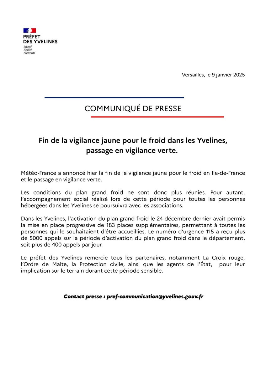 Image de Préfet des Yvelines - 🟢 Fin de la vigilance jaune pour le froid dans les Yvelines

Météo-France a levé la vigilance jaune