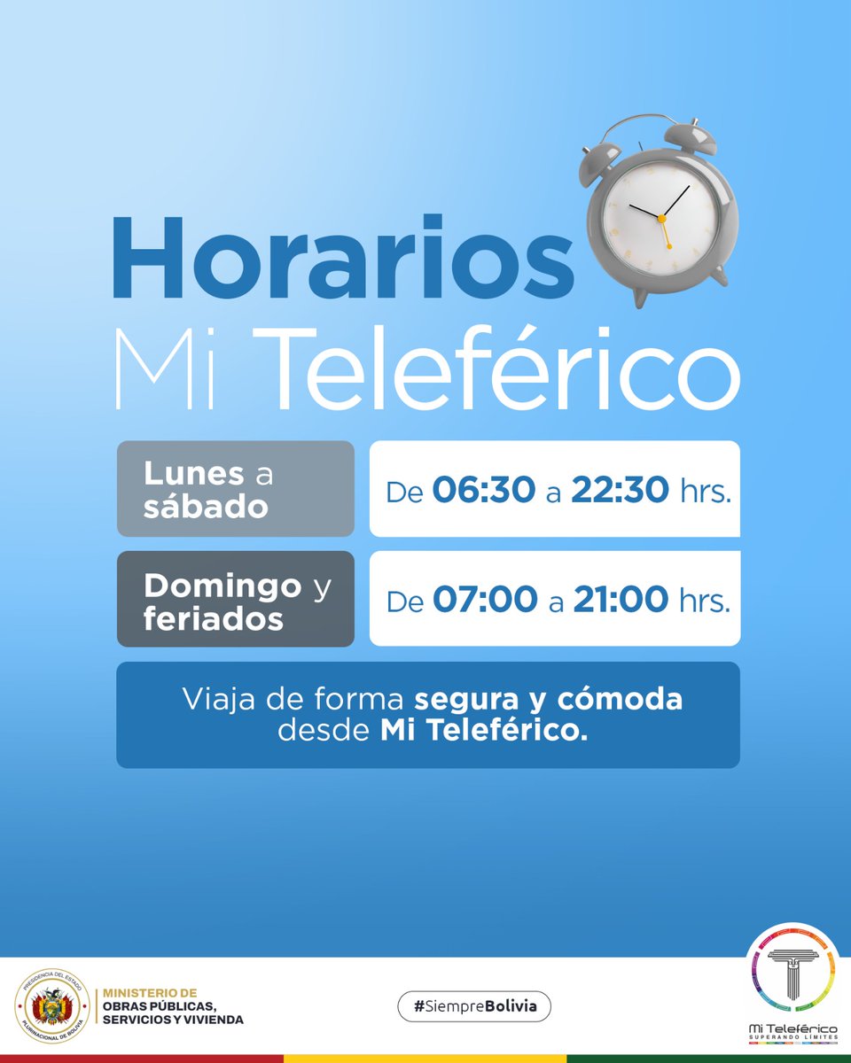 ¡Tu tiempo es ORO, es un buen momento para planificar tu viaje!
Conoce los horarios de atención en nuestras 10 líneas de La Paz y El Alto.

✅ Sigue disfrutando de la red de teleféricos más importante del mundo.

#ViajaSeguro
#MiTeleférico #Horarios 
#SuperandoLímites