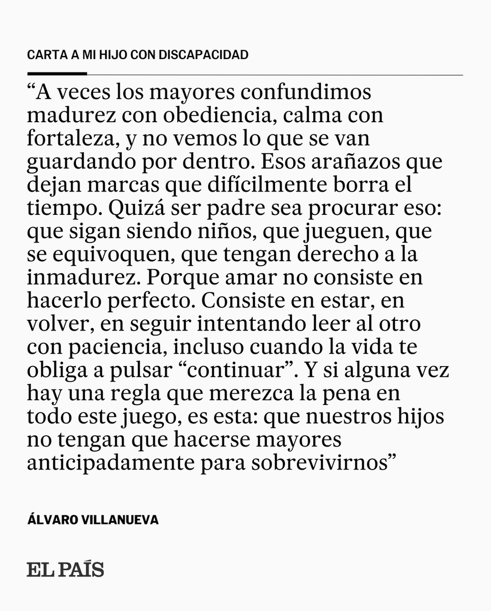 el_pais's tweet photo. Opinión | "Queremos hacerlo bien y, muchas veces, no sabemos traducir. Hay hijos que hablan y aun así no dicen nada, y otros que, sin  hablarnos, lo dicen todo con el cuerpo, con la mirada, con un portazo o con un silencio", por Álvaro Villanueva https://t.co/CrTTre7eSc https://t.co/nvTekZNpfG