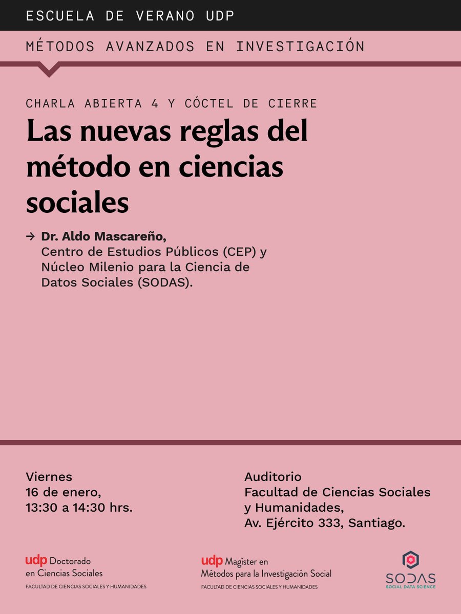 Posgr_fcsh_UDP's tweet photo. 🧠 Viernes 16 de enero | 12:30 a 14:30 hrs
“Las nuevas reglas del método en ciencias sociales”
Dr. Aldo Mascareño, Centro de Estudios Públicos (CEP) y SODAS.
Charla y cóctel de cierre. https://t.co/fHvIsLgdCN
