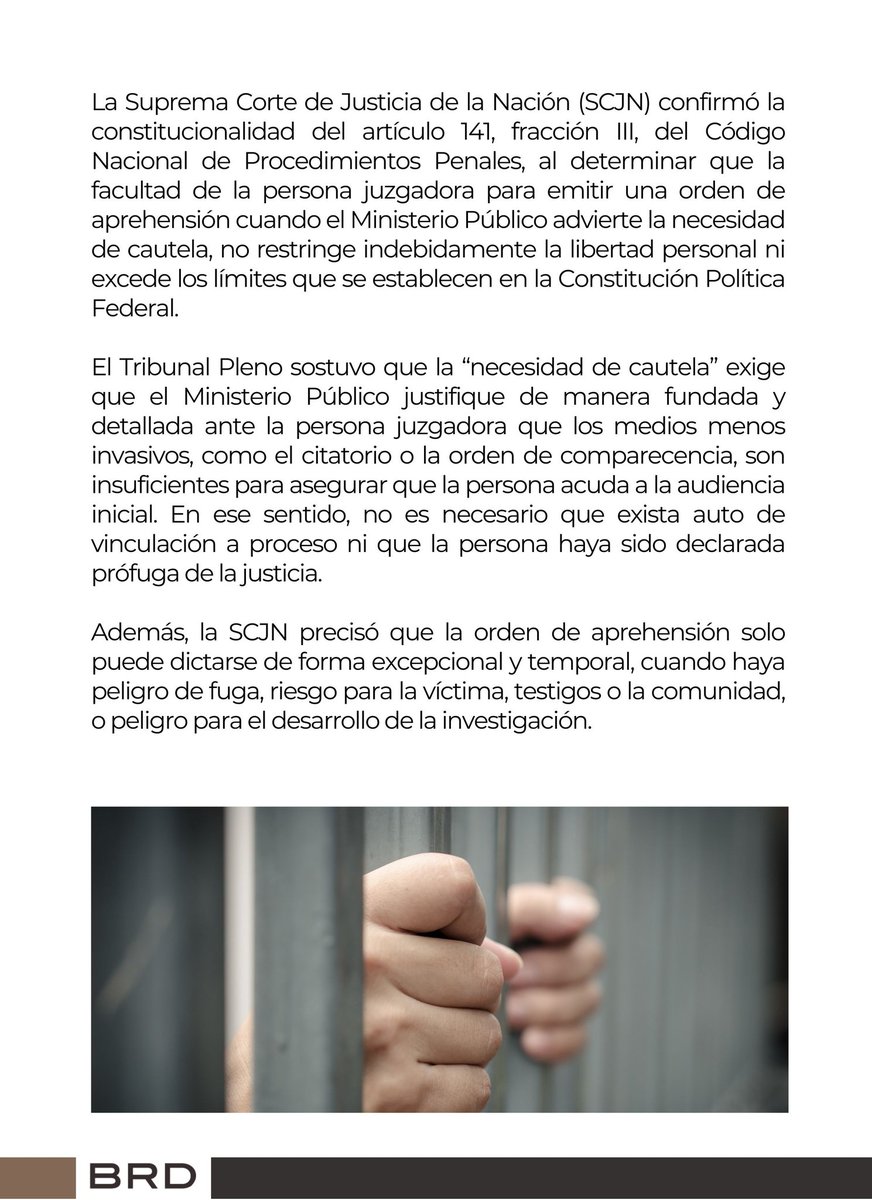 bufeteruizduran's tweet photo. La SCJN confirmó que es constitucional que una persona juzgadora emita una orden de aprehensión cuando el Ministerio Público acredite la “necesidad de cautela”.

BRD Abogados te comparte más detalles: 

https://t.co/BbyX5y3mC1

#BRDAbogados #Penalistas #México https://t.co/VQXYBDr2lh
