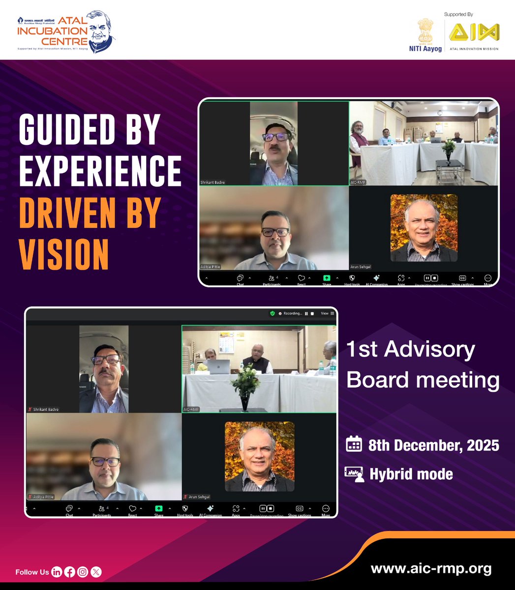 Honoured to welcome Arun Sehgal, Vivek Damle, Aditya Pittie, Dr. Karuna Jain &amp; Pragnesh Podar as Advisory Board Members to AIC-RMP. The first meeting on 8 Dec 2025, chaired by Dr. Vinay Sahasrabuddhe, set the direction for our next phase of growth.