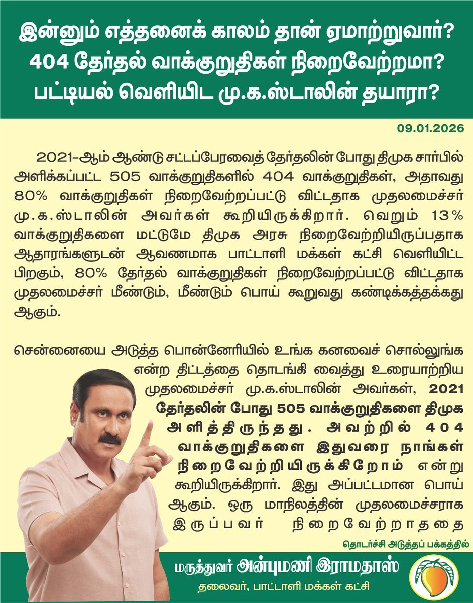 draramadoss's tweet photo. இன்னும் எத்தனைக் காலம் தான் ஏமாற்றுவார்? 404 தேர்தல் வாக்குறுதிகள் நிறைவேற்றமா? பட்டியல் வெளியிட மு.க.ஸ்டாலின் தயாரா? @CMOTamilnadu https://t.co/dSShgGk27H